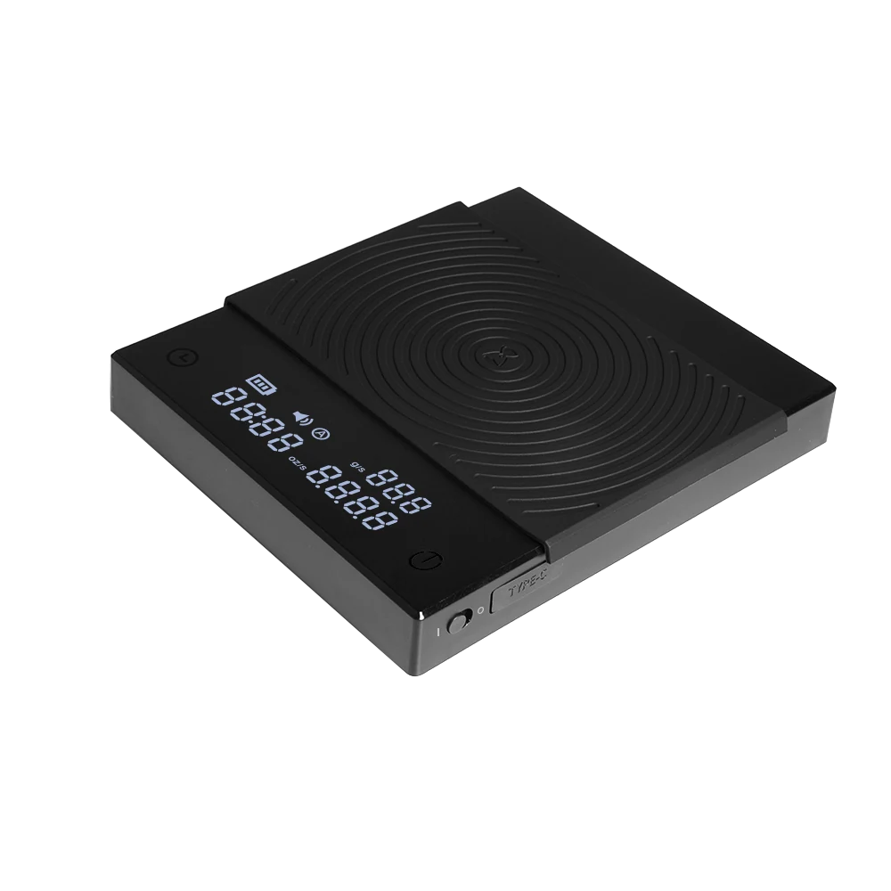 Black electronic coffee scale with digital display on a white background