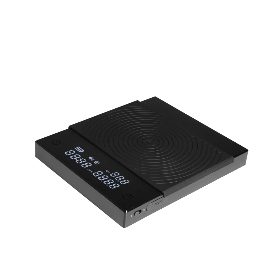 Black electronic scales with digital display on a white background