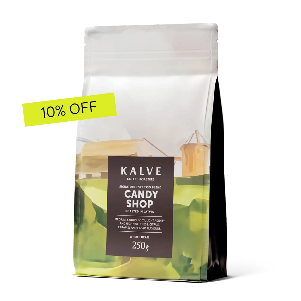 Kafijas pupiņu maisījums Candy Shop 250g paka - vidēja grauzdējuma, brazīlijas kafija, etiopijas kafija